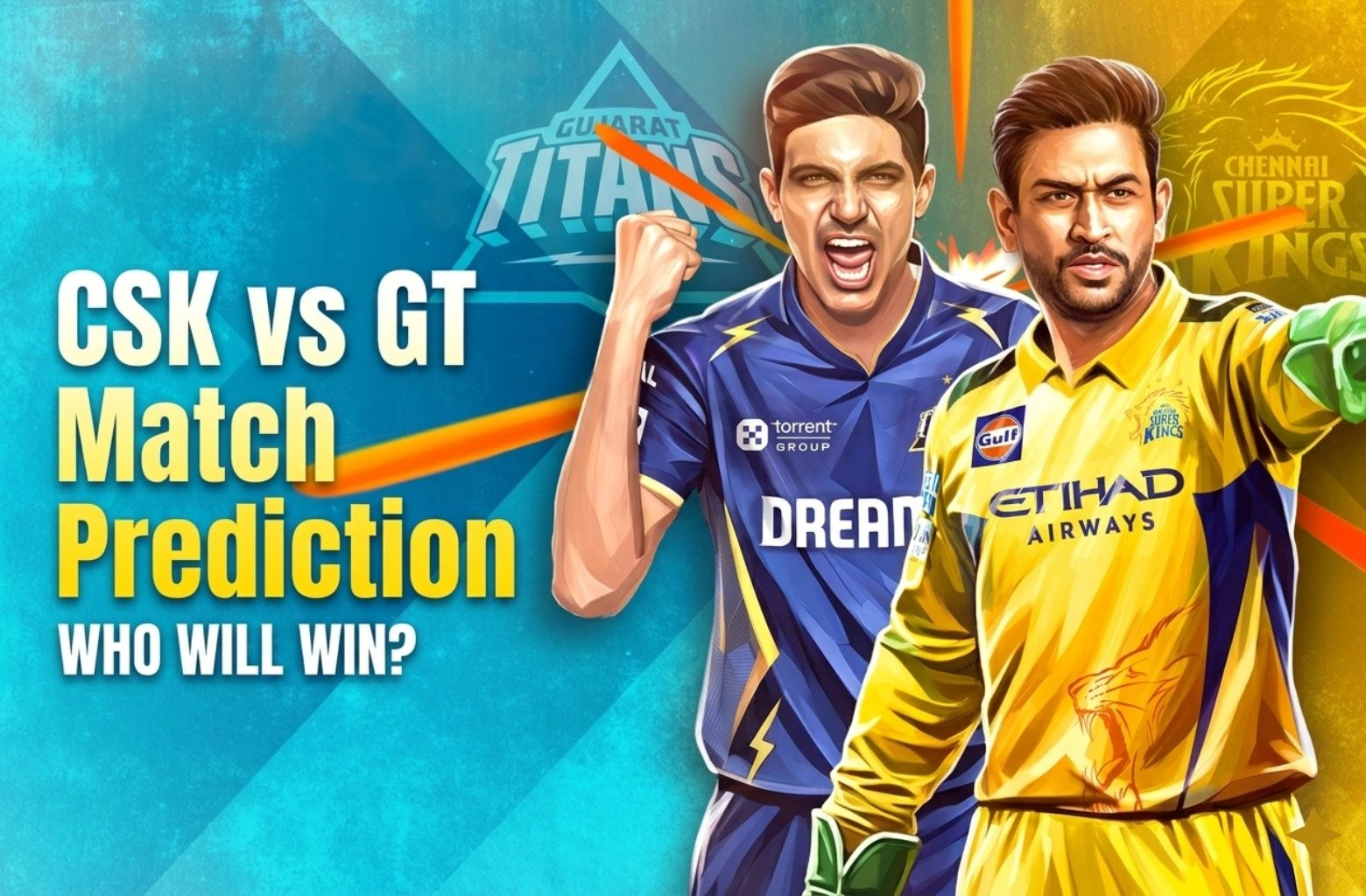 An illustration for CSK vs GT Match Prediction in IPL 2026, featuring a stylized graphic of Gujarat Titans' captain Shubman Gill in a blue jersey celebrating and Chennai Super Kings' legendary figure MS Dhoni in the iconic yellow jersey. The image includes the text "CSK vs GT Match Prediction: Who Will Win?" on a vibrant blue and yellow background, highlighting the intense rivalry between the two teams.
