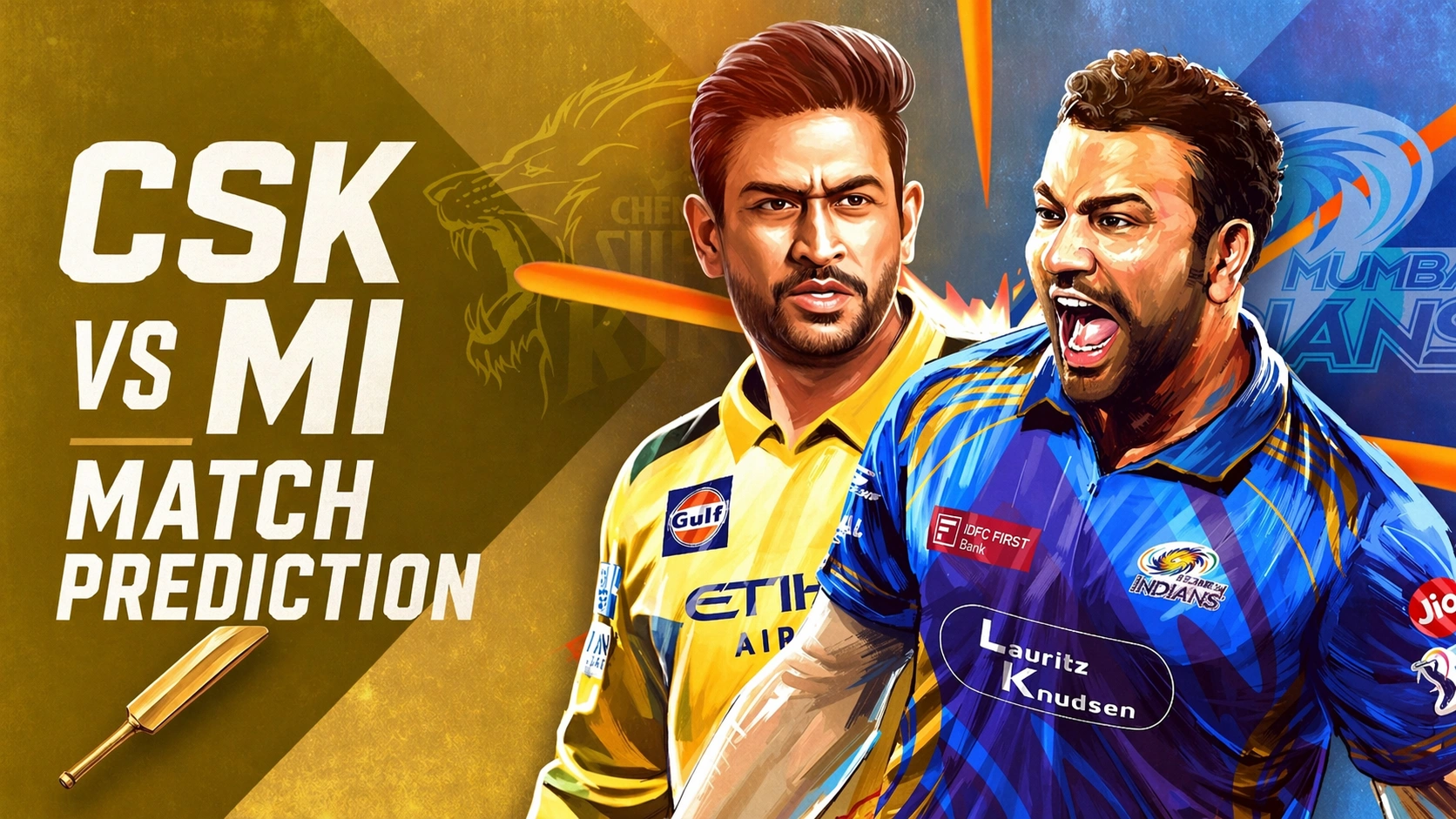 Illustrated sports poster showing two cricket players representing Chennai Super Kings and Mumbai Indians with bold white text “CSK vs MI Match Prediction” on a gold and blue split background, highlighting the high-intensity CSK vs MI rivalry.