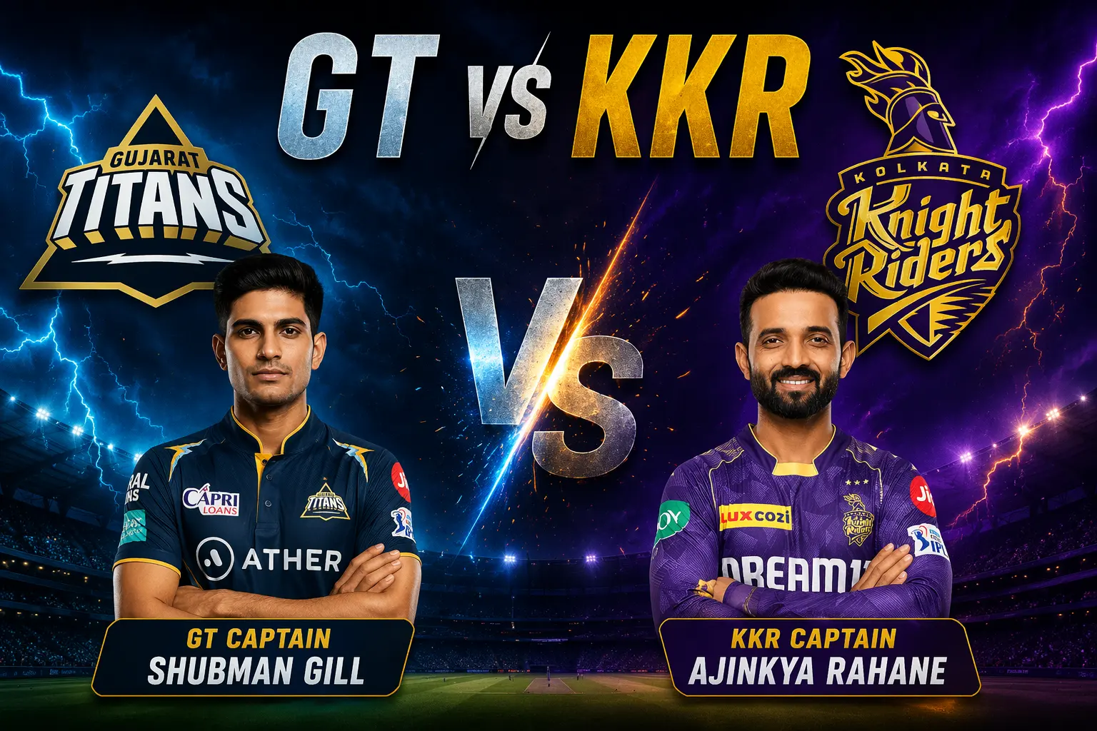 Promotional graphic for GT vs KKR featuring captains Shubman Gill and Ajinkya Rahane with team logos and lightning effects.