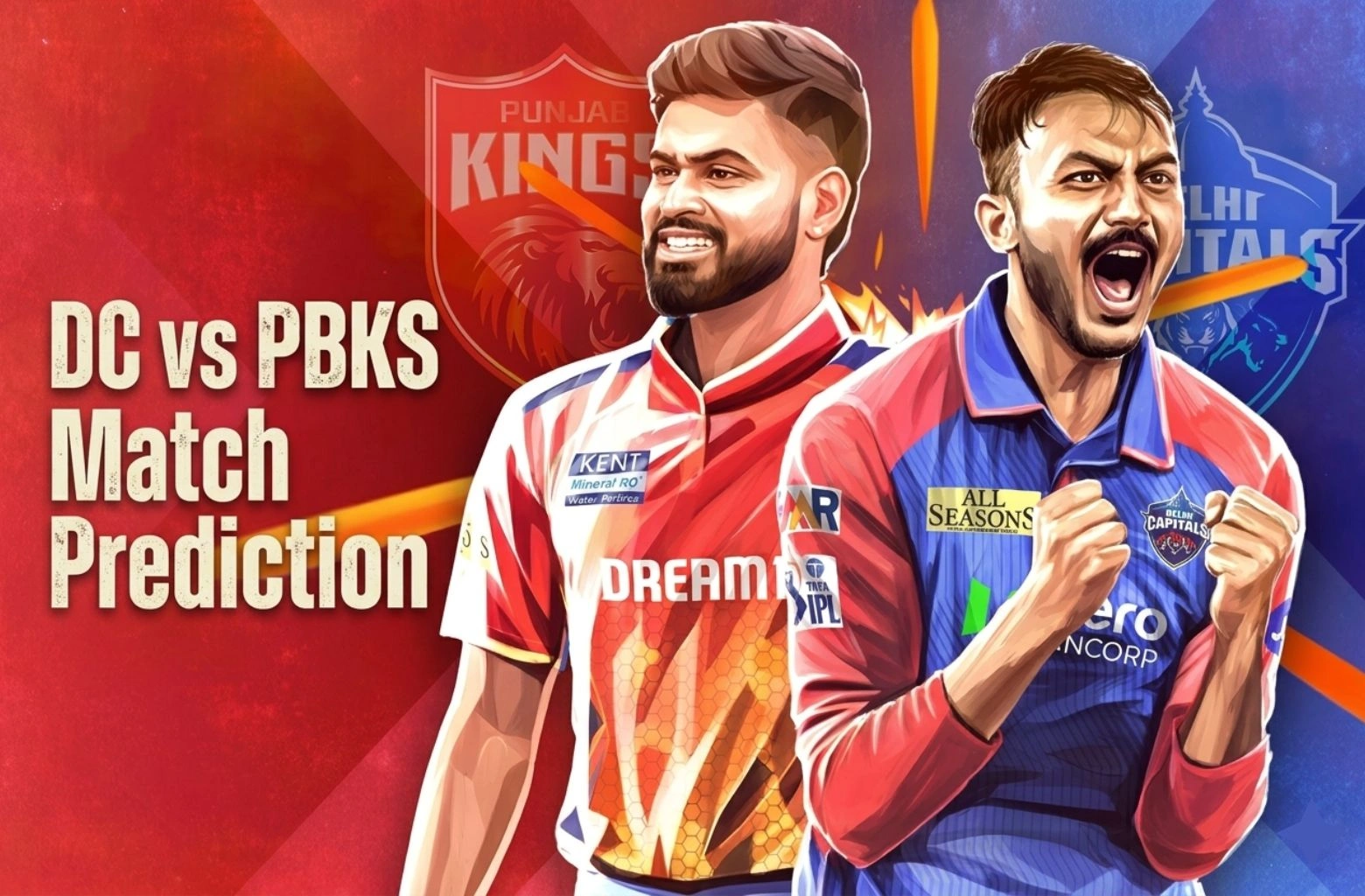 A promotional sports graphic for the DC vs PBKS Match Prediction featuring high-quality illustrations of key players from Delhi Capitals and Punjab Kings against a vibrant red and blue background. The text "DC vs PBKS Match Prediction" is prominently displayed on the left-hand side.