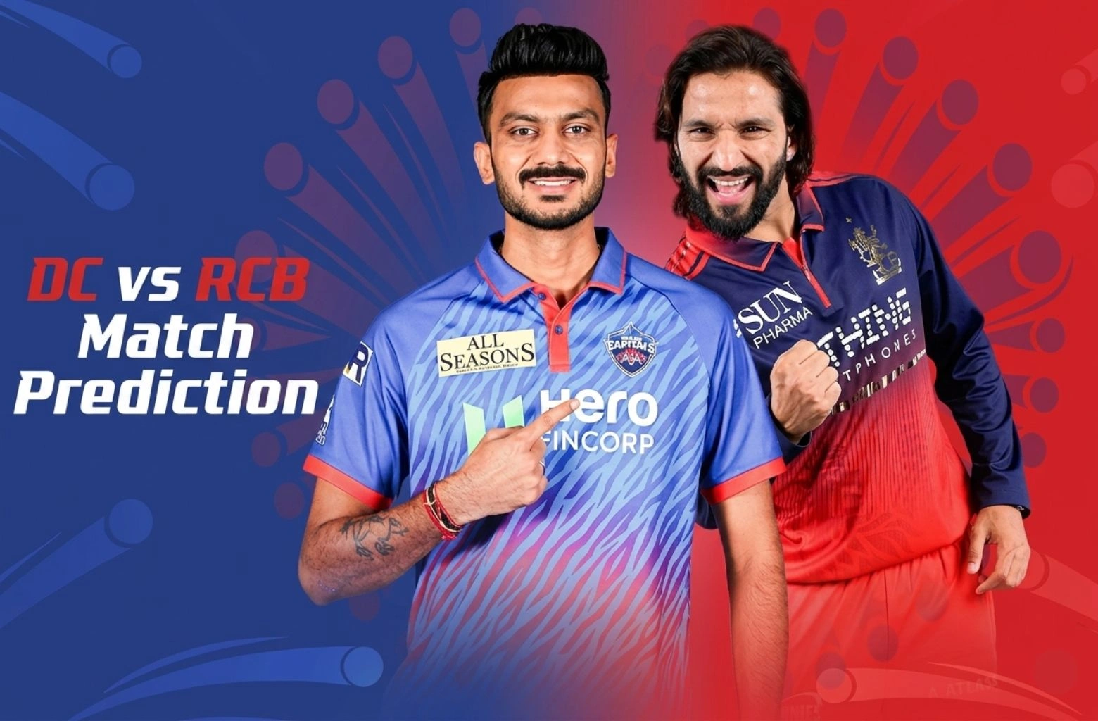 DC vs RCB Match Prediction feature image for IPL 2026, showcasing the captains of Delhi Capitals and Royal Challengers Bengaluru against a blue and red background.