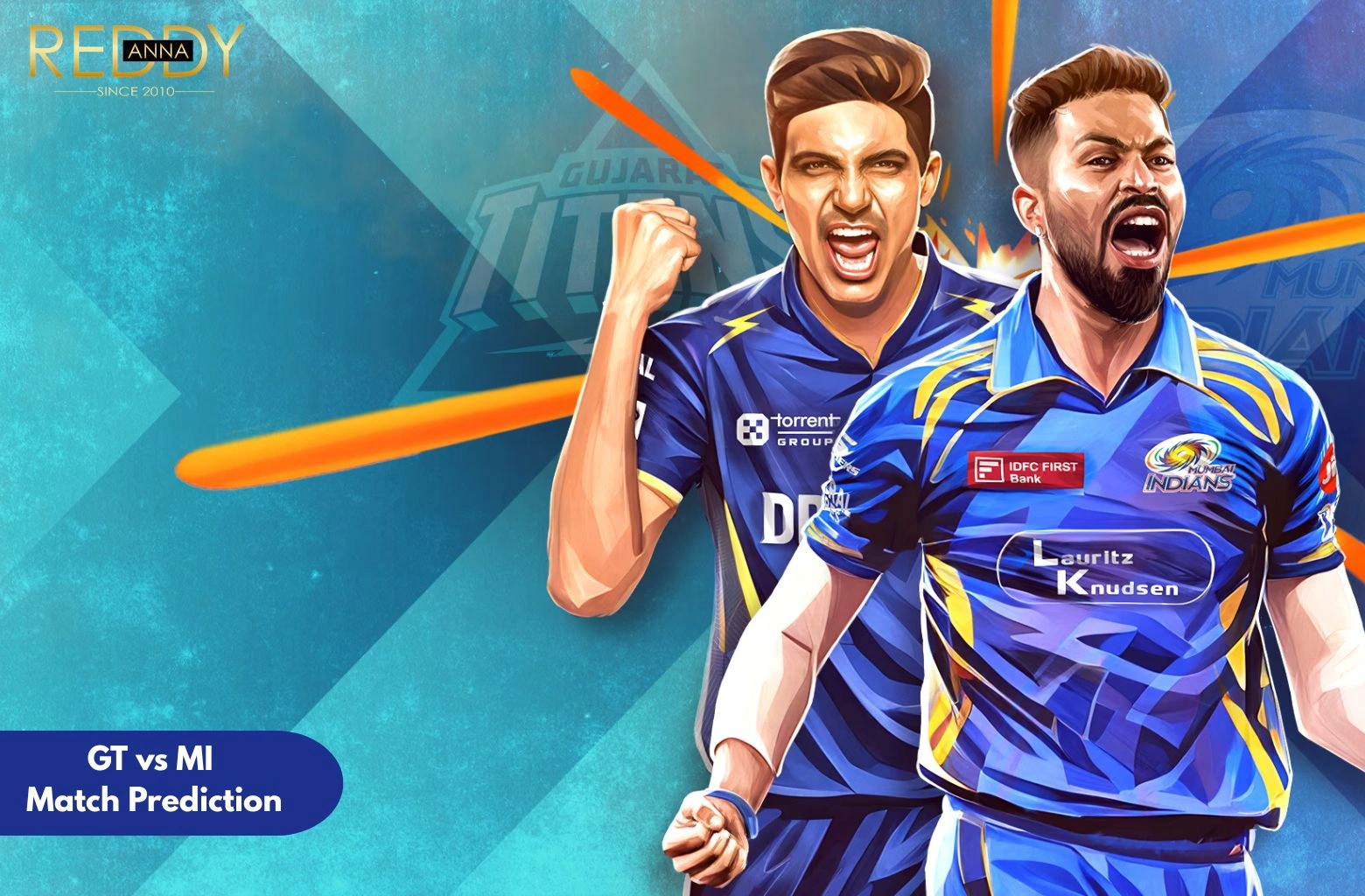 An illustrative sports poster for a GT vs MI match prediction featuring Shubman Gill in a Gujarat Titans jersey and Hardik Pandya in a Mumbai Indians jersey, both celebrating with intense expressions against a blue and teal geometric background.