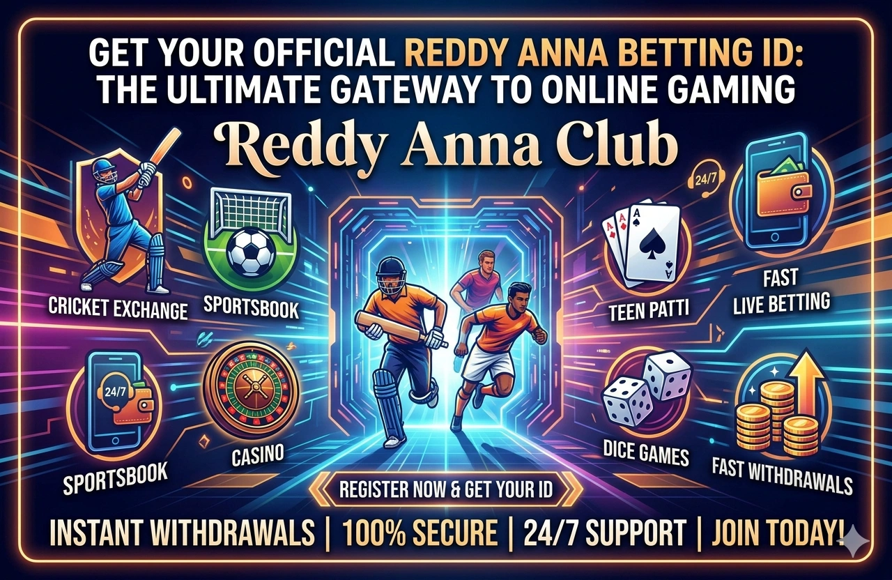 A vibrant promotional banner for Reddy Anna Club, the ultimate gateway for online gaming. The image prominently features icons for cricket, sportsbook, casino, Teen Patti, and fast betting, highlighting an seamless betting ID registration with instant withdrawals and 24/7 support.