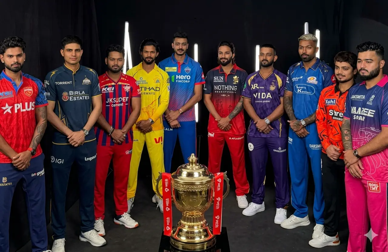 A high-resolution wide-angle shot of all ten IPL 2026 team captains standing in a semi-circle around the golden IPL trophy. The captains, including Hardik Pandya, Ruturaj Gaikwad, and Shubman Gill, are wearing their respective team jerseys against a dark, professional studio background with vertical light bars. The image is clear, vibrant, and formatted for high-quality display.