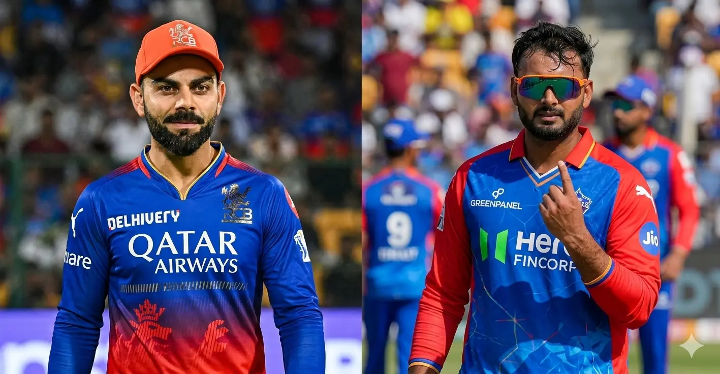 A side-by-side promotional graphic for the RCB vs DC IPL 2026 match at M. Chinnaswamy Stadium. On the left, RCB captain Rajat Patidar is shown in the blue and red Royal Challengers Bengaluru jersey next to the team's lion logo. On the right, DC captain Axar Patel appears in the blue Delhi Capitals jersey alongside the team’s tiger logo. The center text highlights "IPL 2026 Today Match" with the date Saturday, April 18.