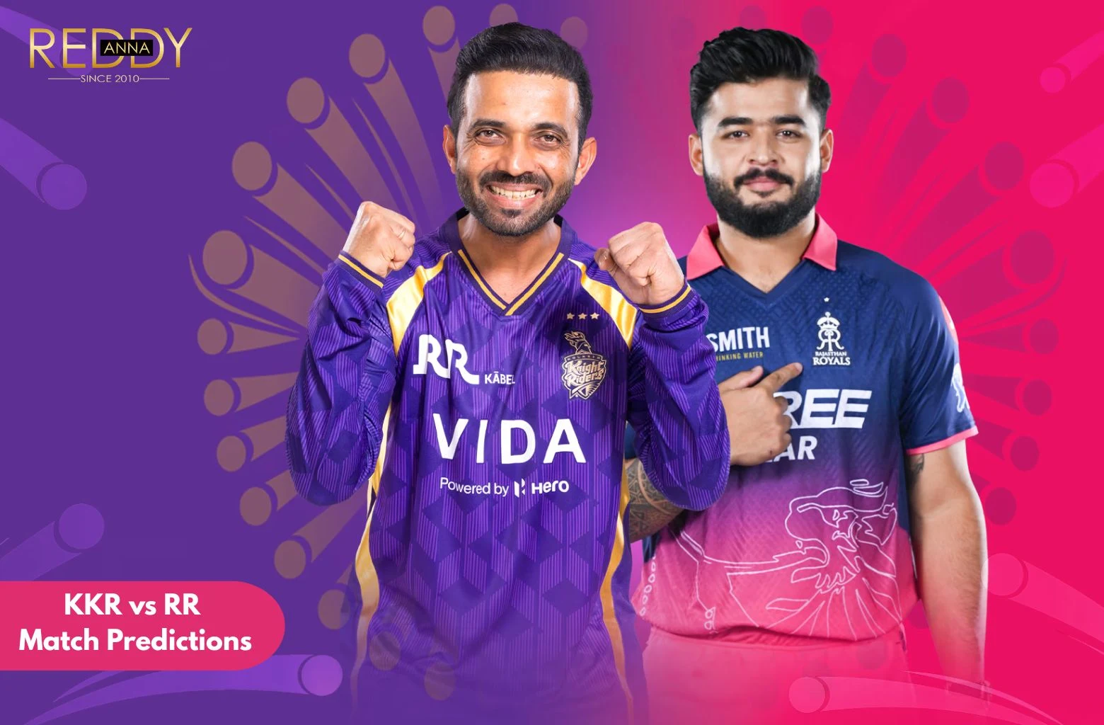 A promotional cricket graphic featuring Ajinkya Rahane of the Kolkata Knight Riders (KKR) celebrating, and Riyan Parag of the Rajasthan Royals (RR) posing, with a text overlay "KKR vs RR Match Predictions" against a purple and pink backdrop.