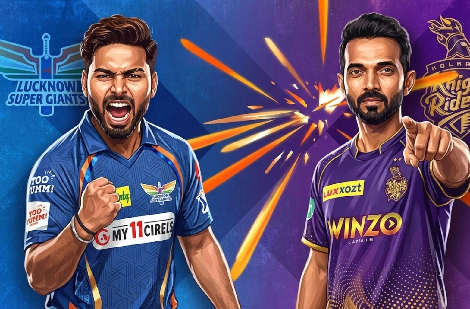 Animated promotional graphic for LSG vs KKR Match 38 in IPL 2026, featuring Lucknow Super Giants captain Rishabh Pant and Kolkata Knight Riders captain Ajinkya Rahane in their respective team jerseys against a vibrant blue and purple background with team logos.