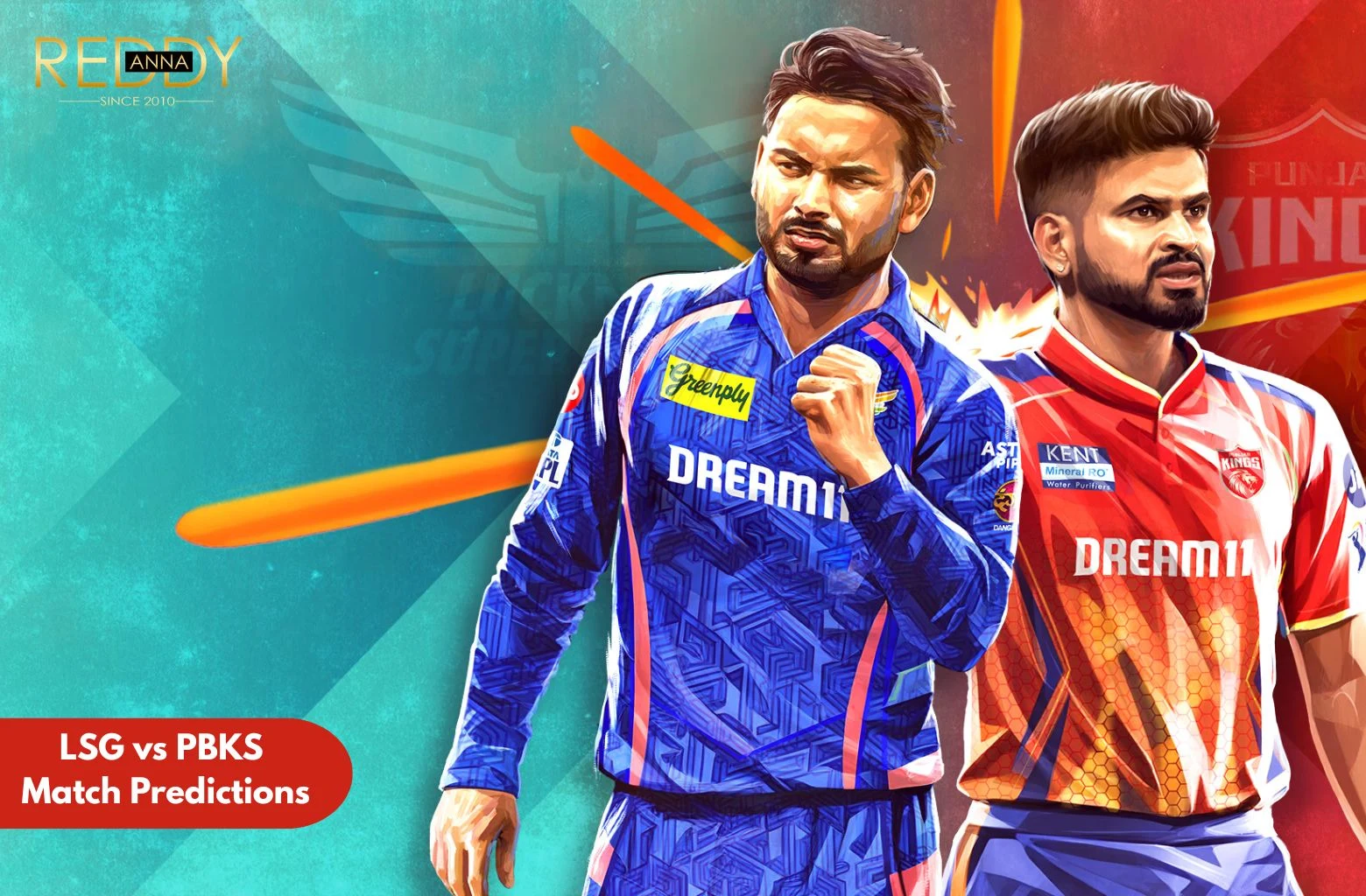 An artistic illustration featuring Rishabh Pant in a blue Lucknow Super Giants jersey and Shreyas Iyer in a red Punjab Kings jersey, representing the LSG vs PBKS match prediction.