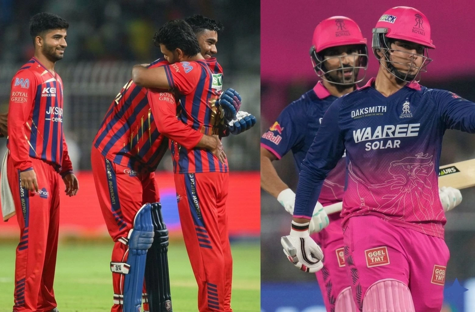 A high-resolution split-screen image showcasing a moment from an LSG vs RR IPL match. On the left, Lucknow Super Giants players in their red and blue striped kits are seen embracing and celebrating on the field. On the right, Rajasthan Royals players in their pink and blue jerseys are shown in a match setting, featuring a batter in focus wearing a helmet and batting gear.