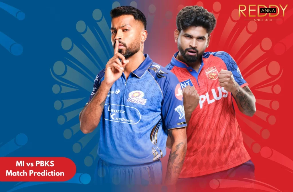 Graphic of two IPL cricketers representing Mumbai Indians and Punjab Kings facing off against a blue and red background with the text “MI vs PBKS Match Prediction” and Reddy Anna branding, illustrating the IPL 2026 match preview.