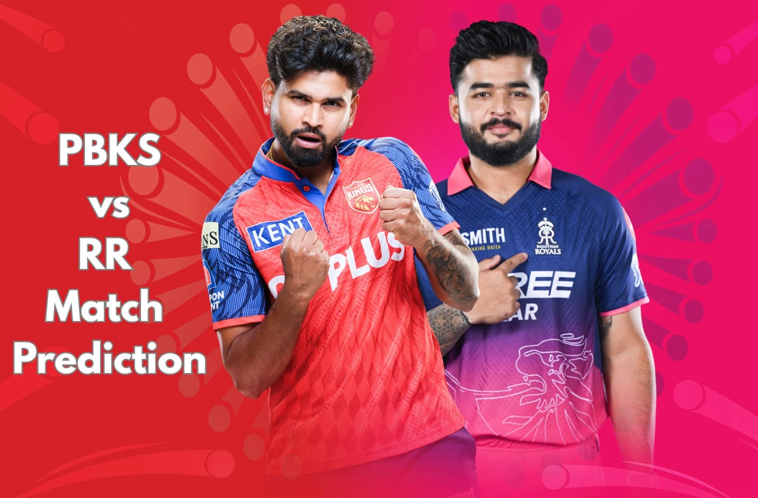 Promotional poster for the IPL 2026 clash between Punjab Kings and Rajasthan Royals, featuring captains Shreyas Iyer and Riyan Parag with the text PBKS vs RR Match Prediction.