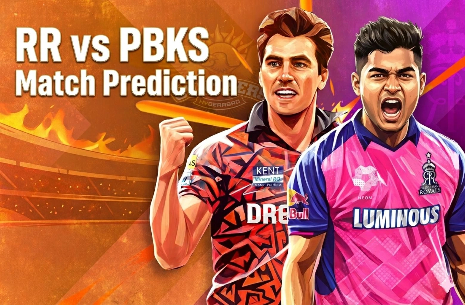 IPL 2026 RR vs PBKS Match Prediction digital poster featuring Sunrisers Hyderabad's Pat Cummins and Rajasthan Royals' Riyan Parag in an intense, artistic face-off against a vibrant orange and purple stadium background.