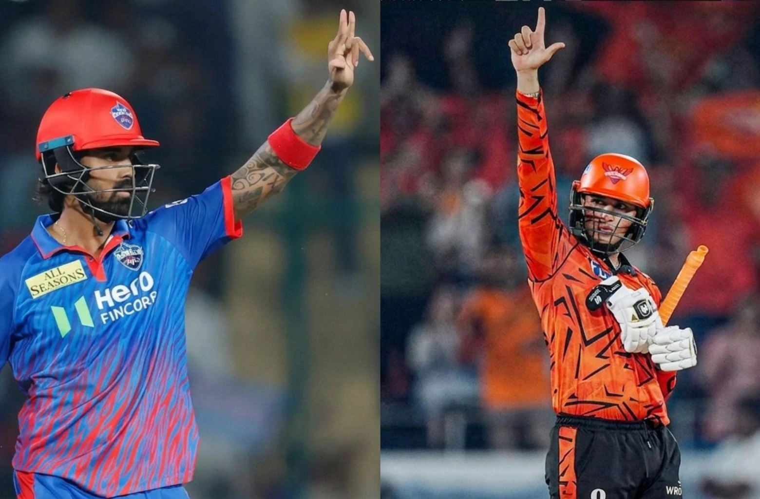 A side-by-side split celebration image for the SRH vs DC IPL 2026 match. On the left, Delhi Capitals captain KL Rahul is seen in his blue and red jersey, raising his finger in a celebratory gesture. On the right, a Sunrisers Hyderabad player in the vibrant orange and black "SRH" jersey also celebrates with a raised hand against a backdrop of a cheering stadium crowd.