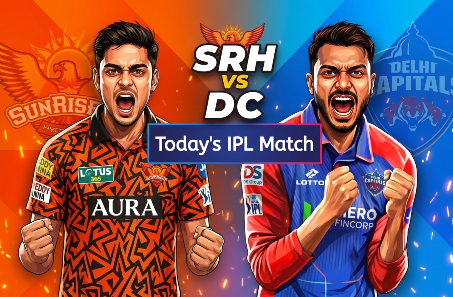A promotional graphic for the SRH vs DC IPL match prediction featuring Ishan Kishan of Sunrisers Hyderabad in a vibrant orange jersey celebrating and Axar Patel of Delhi Capitals in a blue jersey. The background is split between orange and blue with a "Reddy Anna" logo in the top right corner.
