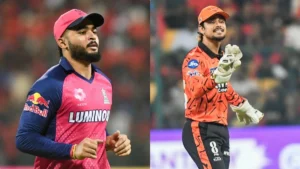 A side-by-side comparison for RR vs SRH featuring Rajasthan Royals' Riyan Parag in his pink and blue jersey and Sunrisers Hyderabad's Ishan Kishan in orange gear during an IPL 2026 match.