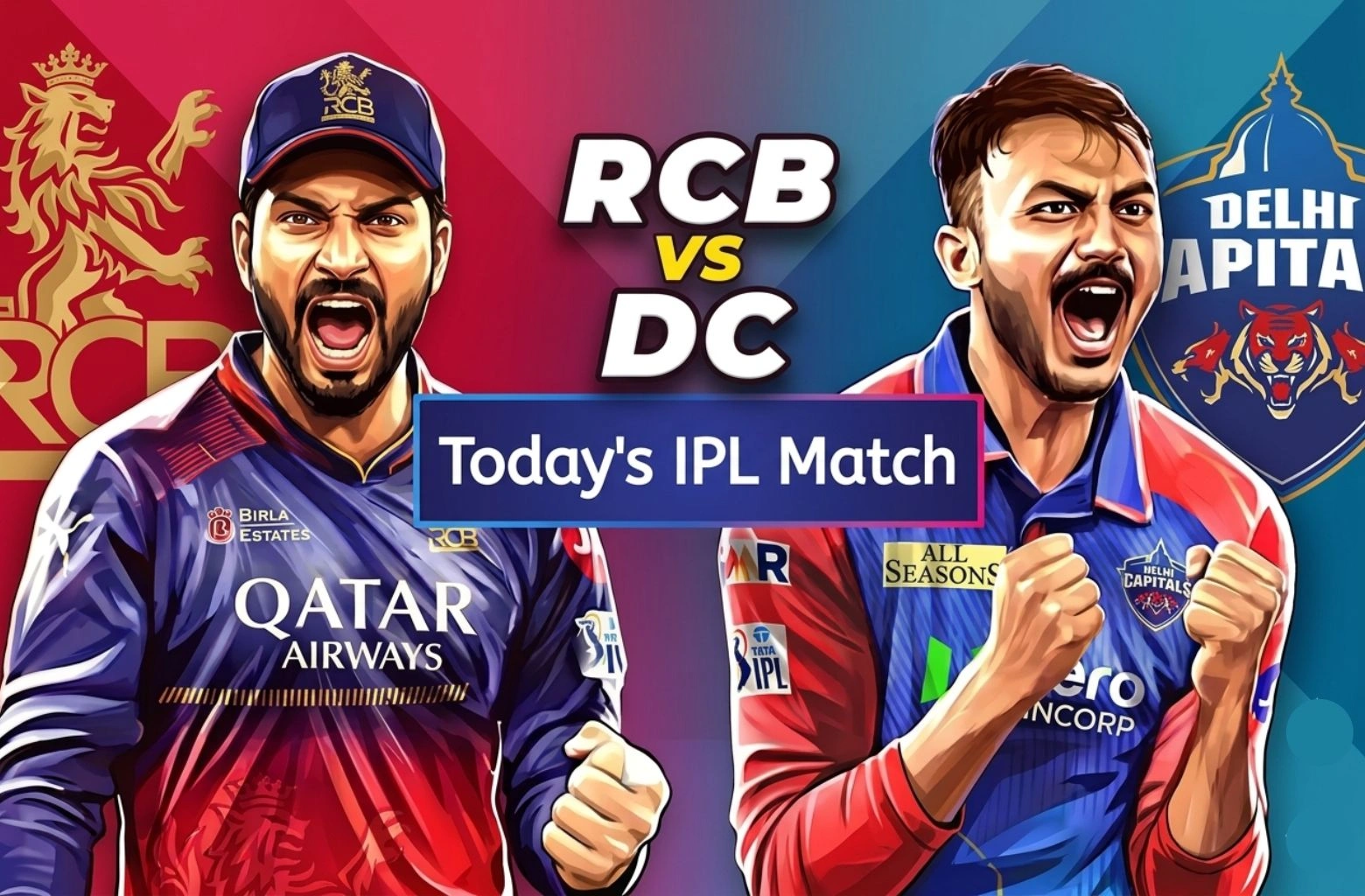 A pre-match graphic for the RCB vs DC IPL cricket game. Illustrated portraits of players Faf du Plessis for Royal Challengers Bengaluru on the left and Rishabh Pant for Delhi Capitals on the right appear alongside their team logos and the text "Today's IPL Match.
