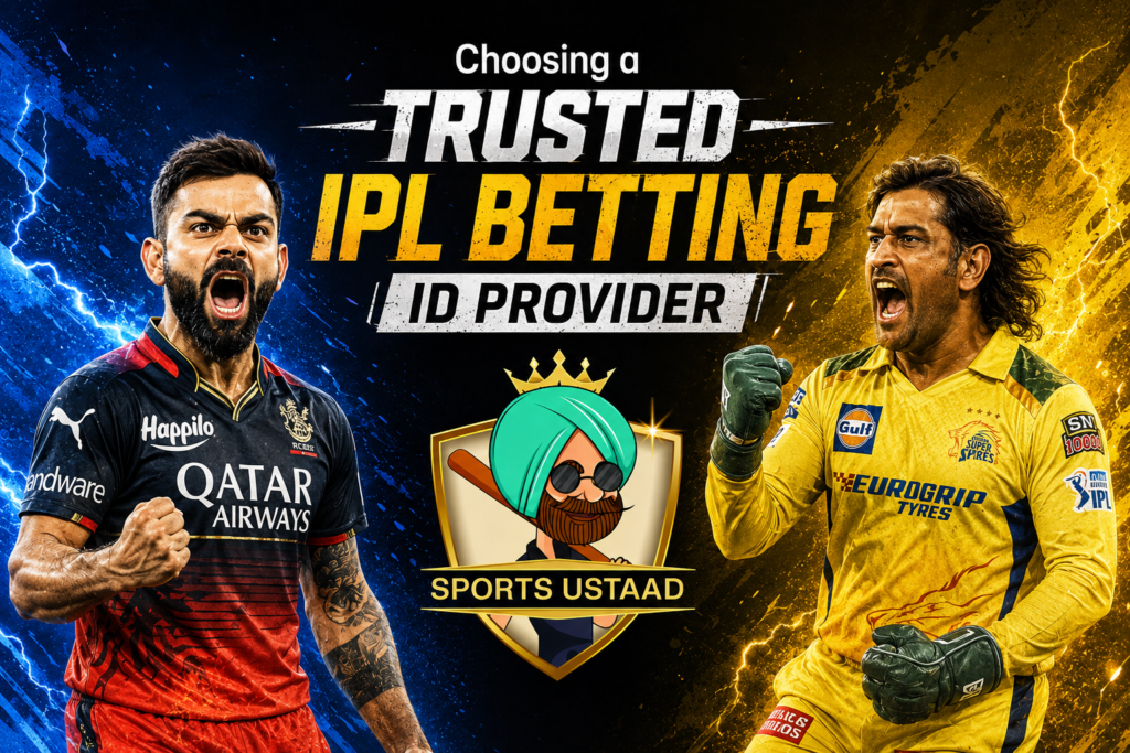 Trusted IPL Betting ID Provider featuring two cricket players and Sports Ustaad logo